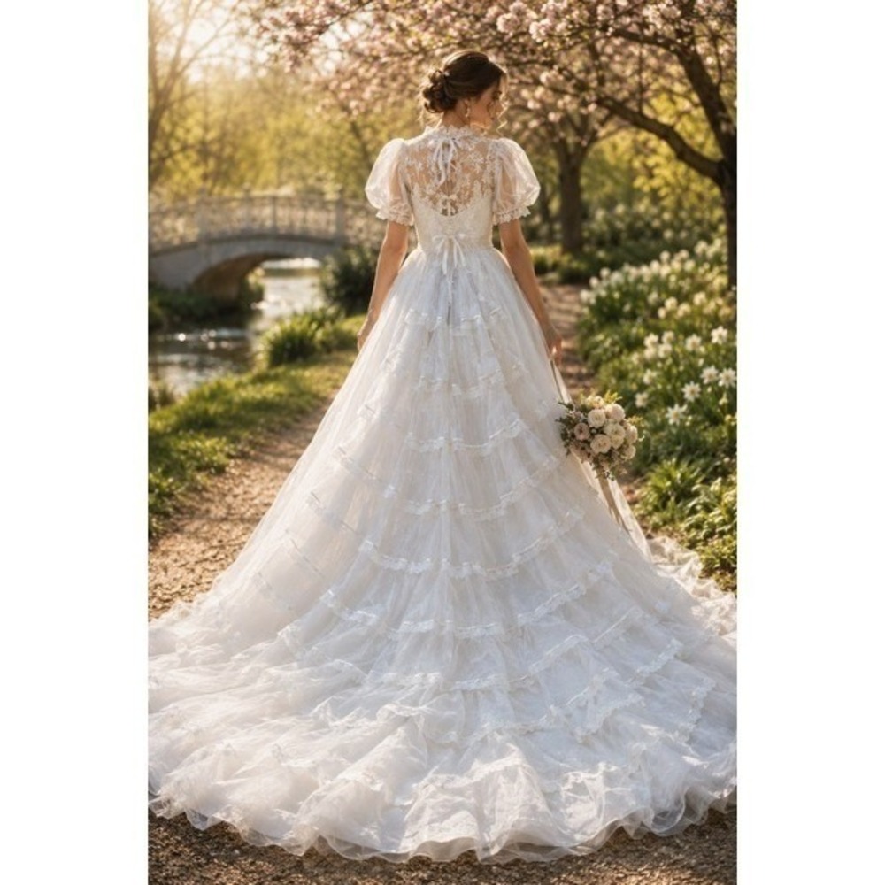 vintage tiered lace wedding dress Morris: 1970s white, tiered skirt with tulle, long sleeves wedding dress